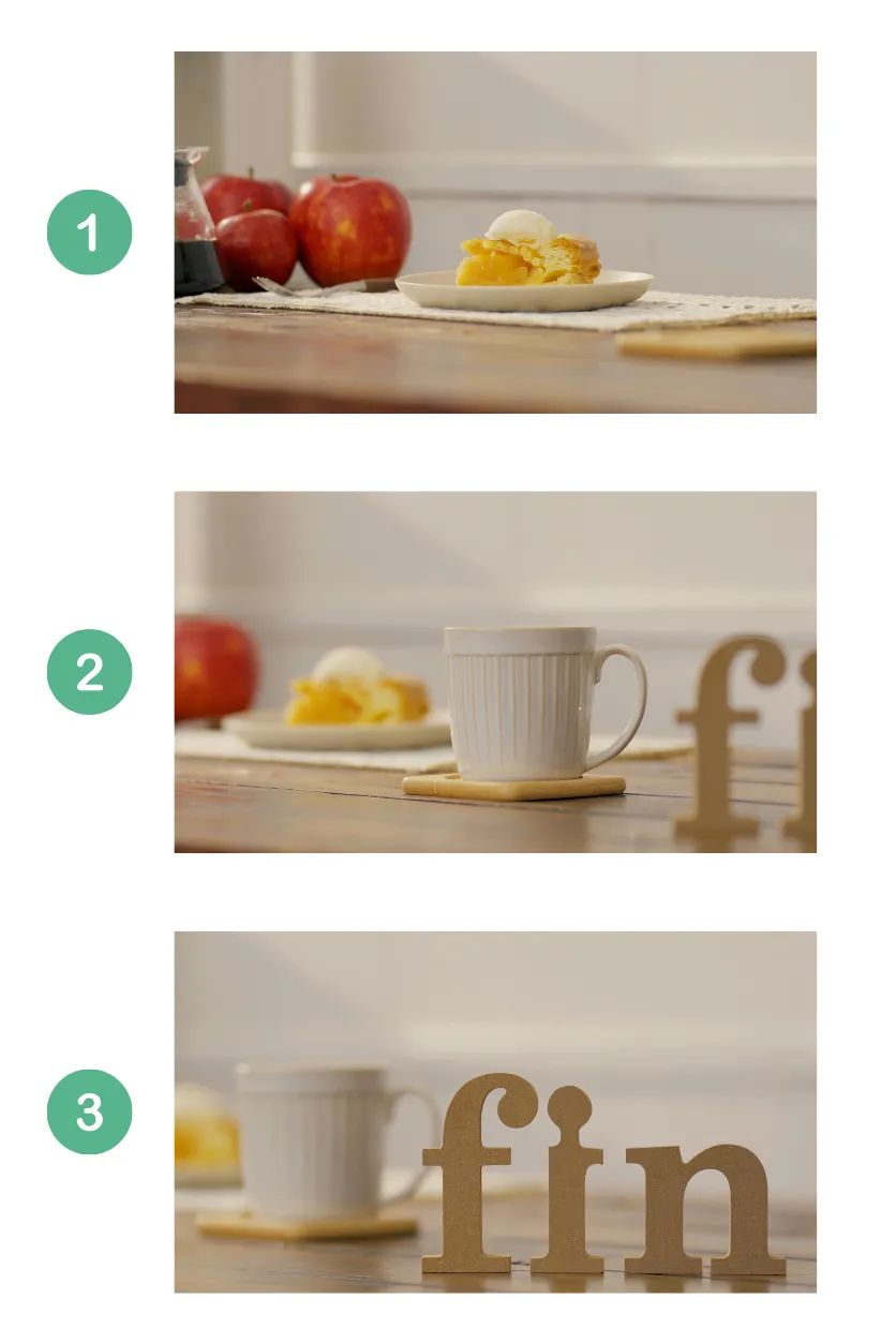 Three-frame focus pull sequence from a slice of apple pie to a coffee mug and wooden “fin” letters on a table.
