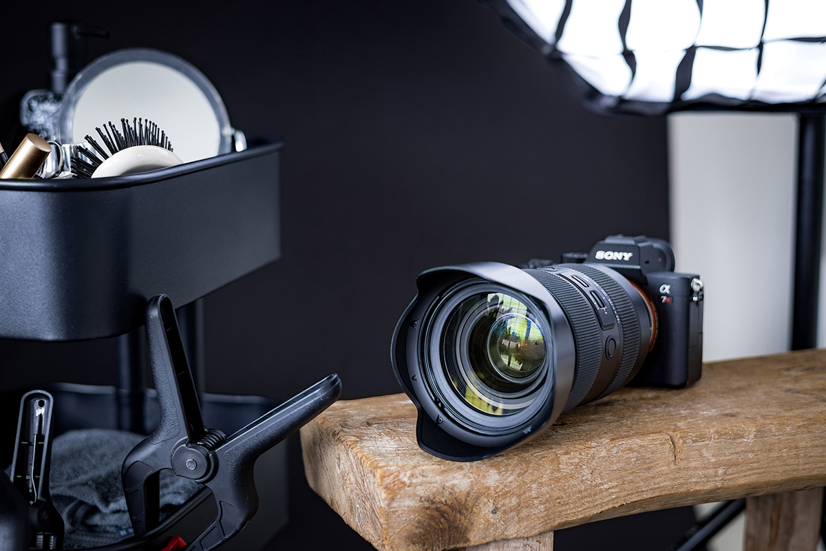 Camera with lens on a bench