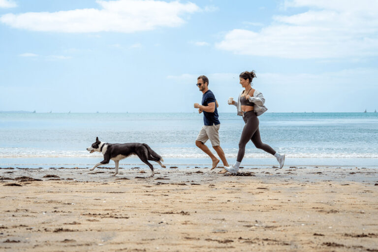 Man, woman and dog running on the beach