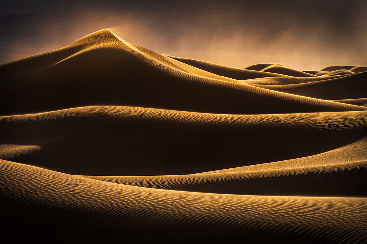 Golden sand dunes illuminated by soft light, creating a serene and undulating desert landscape.