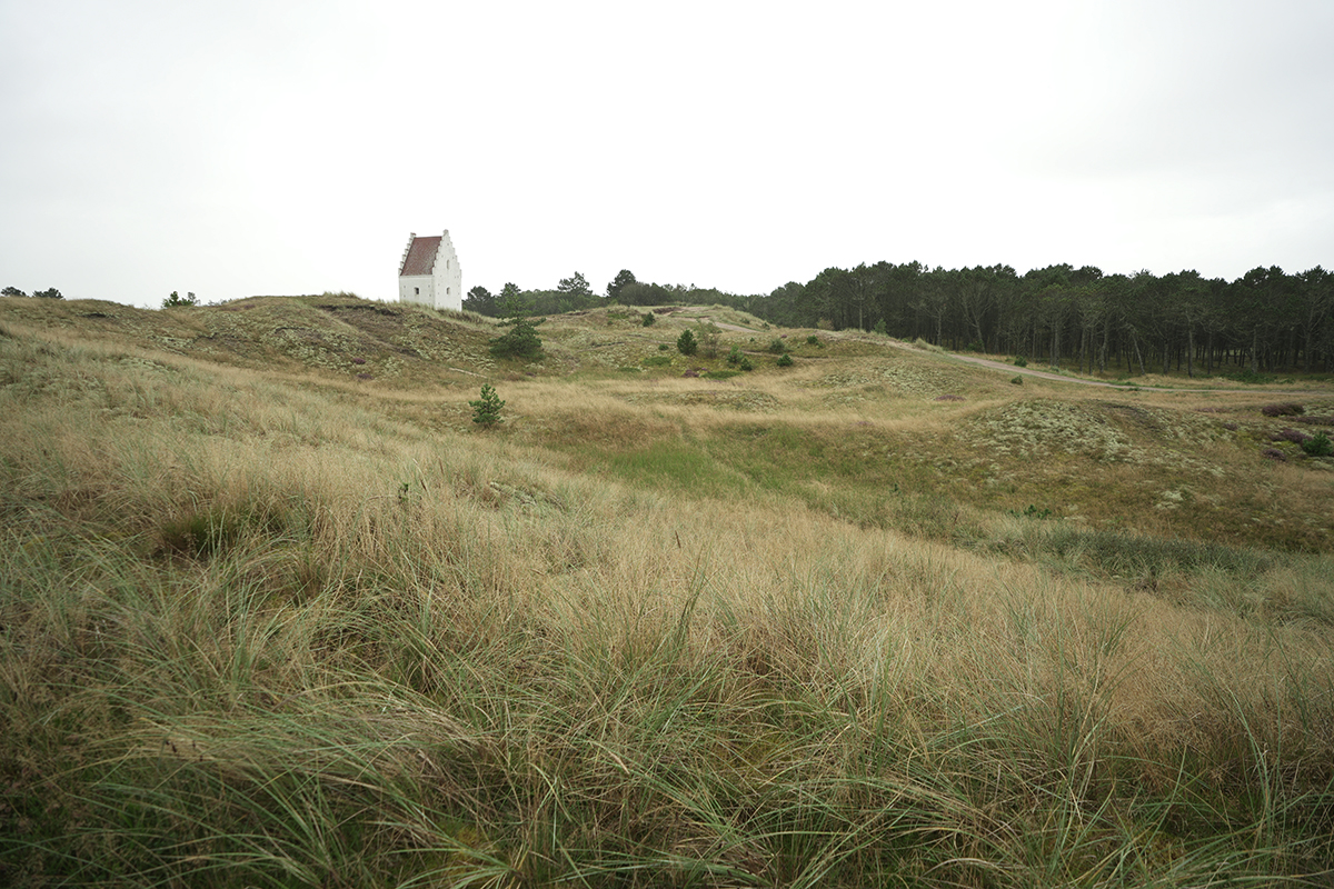 The Sand-Buried Church tower stands alone among grassy dunes and rolling hills in northern Denmark, captured while photographing Denmark with Tamron lenses.
