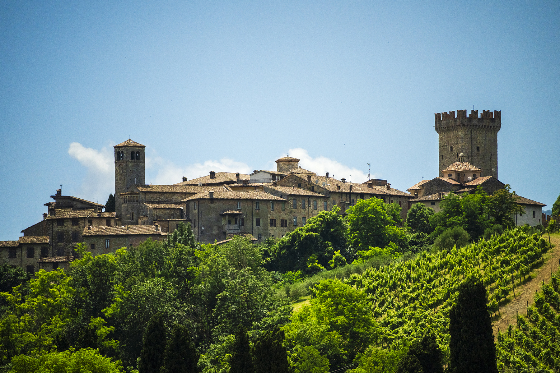 Un village pittoresque situé au sommet d'une colline, avec des bâtiments historiques en pierre et une haute tour, entouré d'une végétation luxuriante.