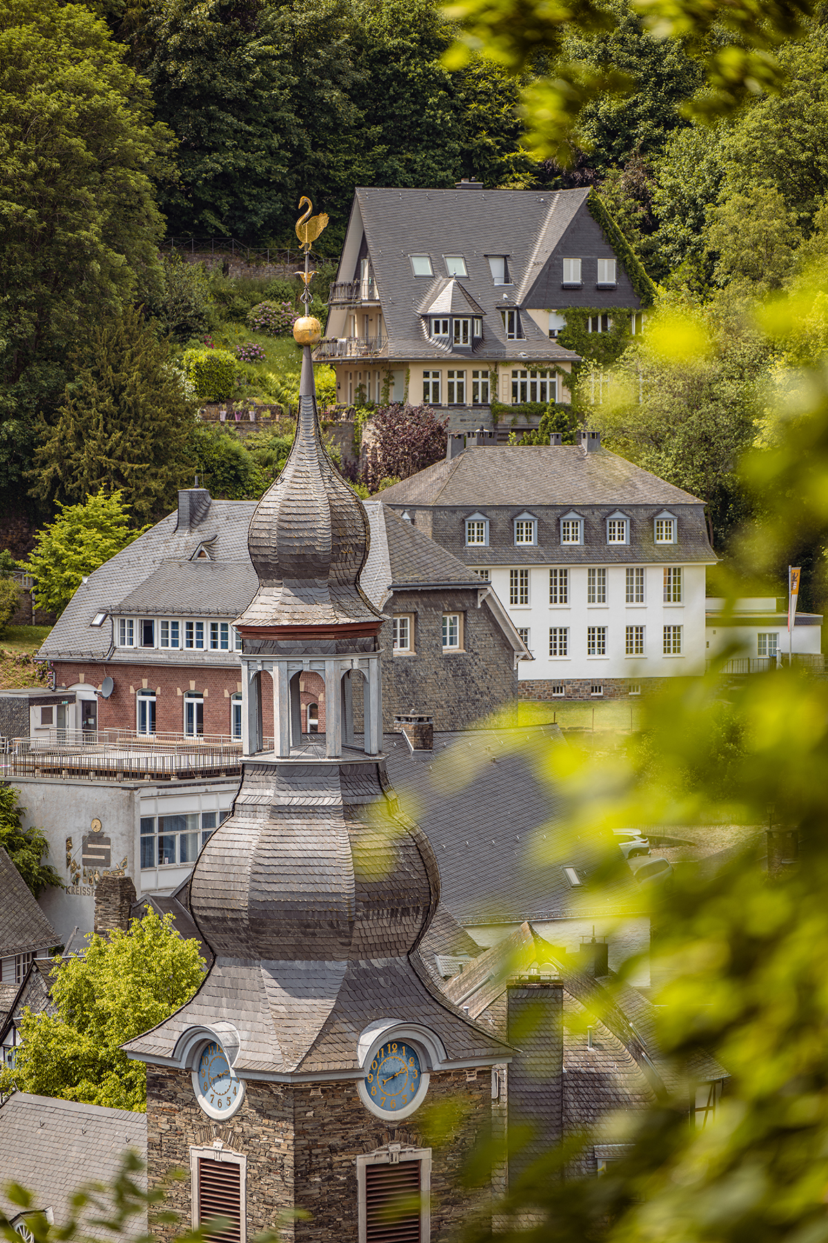 Une ville européenne pittoresque avec une tour d'horloge ornée d'une flèche unique, entourée de maisons charmantes et de verdure luxuriante.