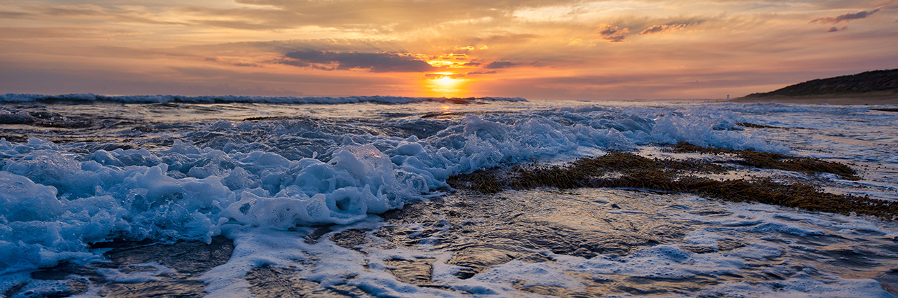 A serene ocean sunrise with waves crashing on the shore, showcasing nature's beauty.