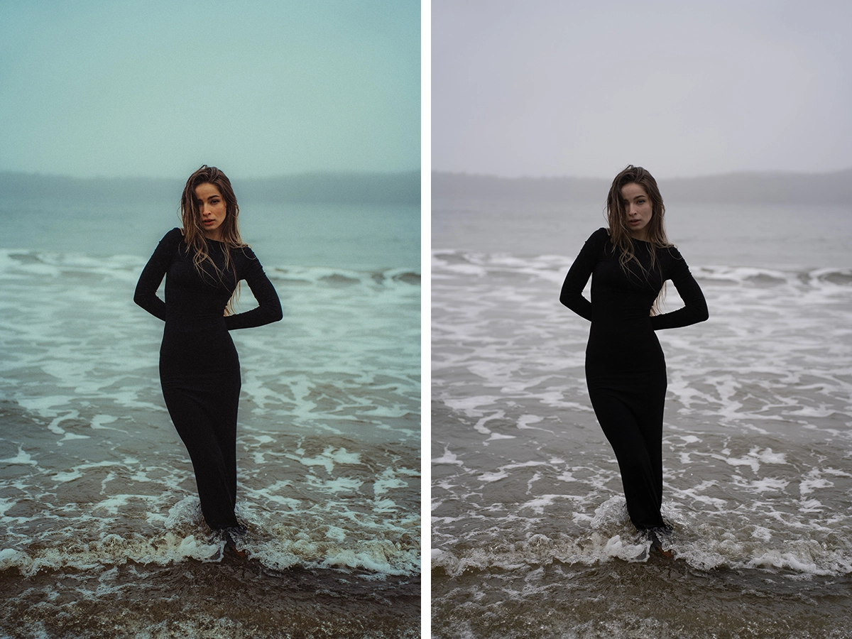 Comparaison côte à côte d'un portrait de femme debout dans les vagues de l'océan, vêtue d'une robe noire. L'image de gauche a été étalonnée avec un ton bleu-vert sombre et cinématographique, tandis que l'image de droite n'a pas été retouchée et présente un aspect neutre et feutré.