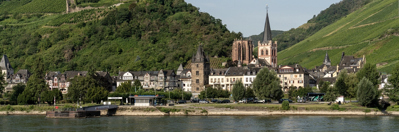 A picturesque Rhine River town with historic buildings, a Gothic church, and lush vineyards on the surrounding hills.