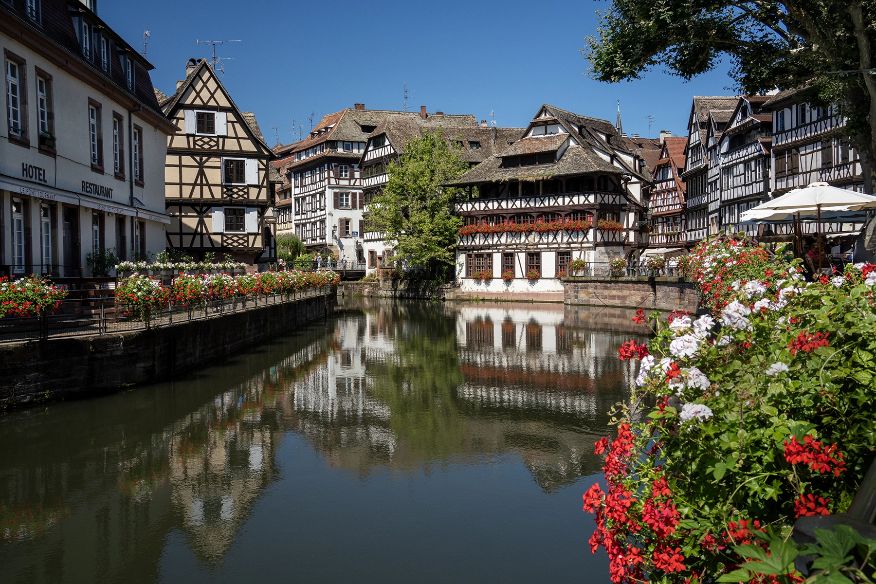 Half-timbered houses and colorful flowers reflected in the canal of La Petite France, Strasbourg.