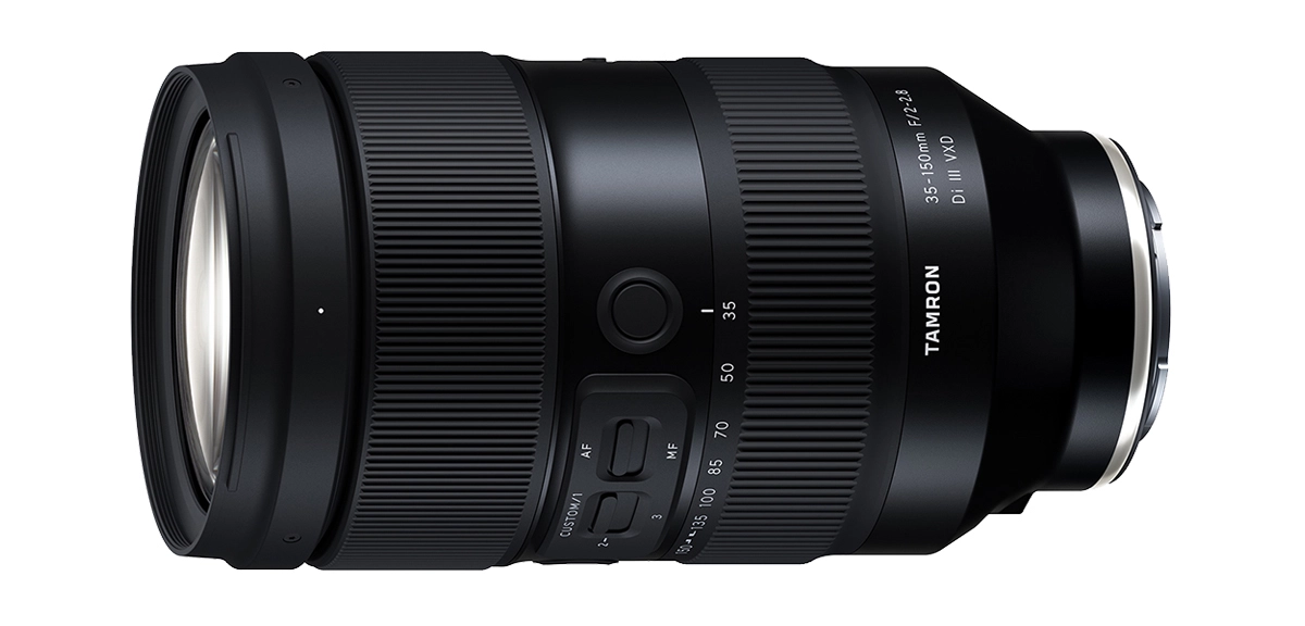 Side view of the Tamron 35-150mm F/2-2.8 Di III VXD lens, highlighting the zoom and focus rings, switches, and customizable controls for portrait and travel photography.