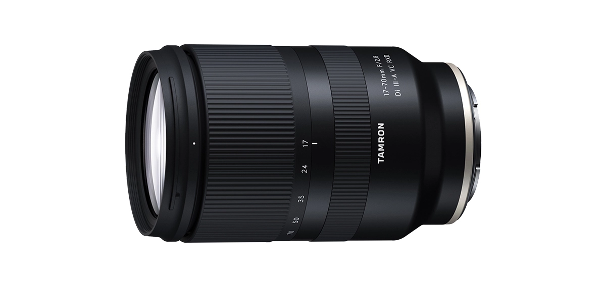 Side profile of the Tamron 17-70mm F/2.8 Di III-A VC RXD lens, a compact standard zoom with constant aperture, ideal for everyday photography and video on APS-C mirrorless cameras.