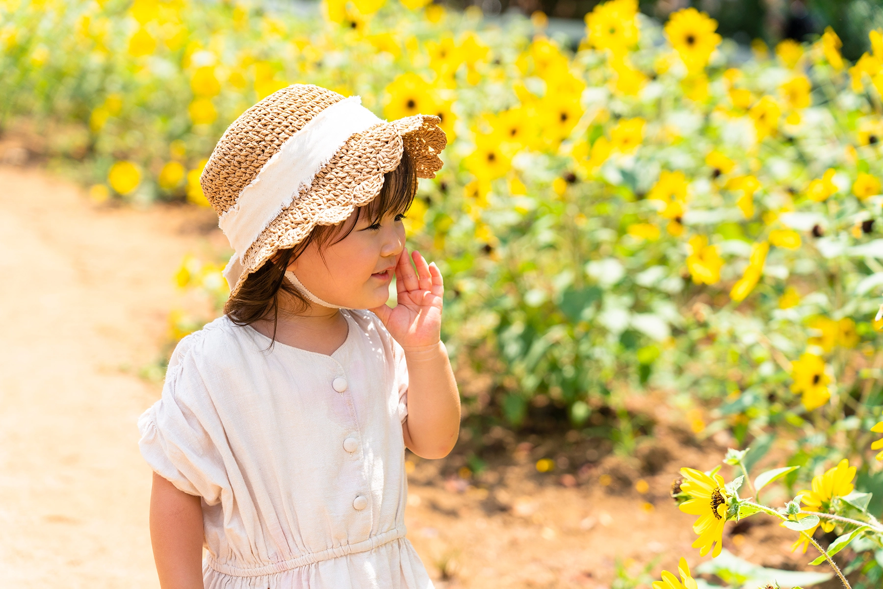 A young child wearing a straw hat with a lace trim and a light-colored dress stands beside a sunflower field, smiling and holding their hand near their face on a sunny day. The subject’s isolation from the background is du to the photographer using the right wide aperture lens for portraits.