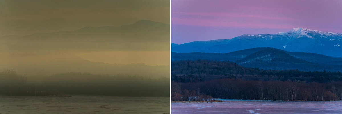 Comparación de un mismo paisaje en distintas estaciones: a la izquierda, una escena invernal brumosa y apagada con montañas cubiertas de niebla; a la derecha, una vista nítida y clara de picos nevados bajo un cielo azul y púrpura vibrante.