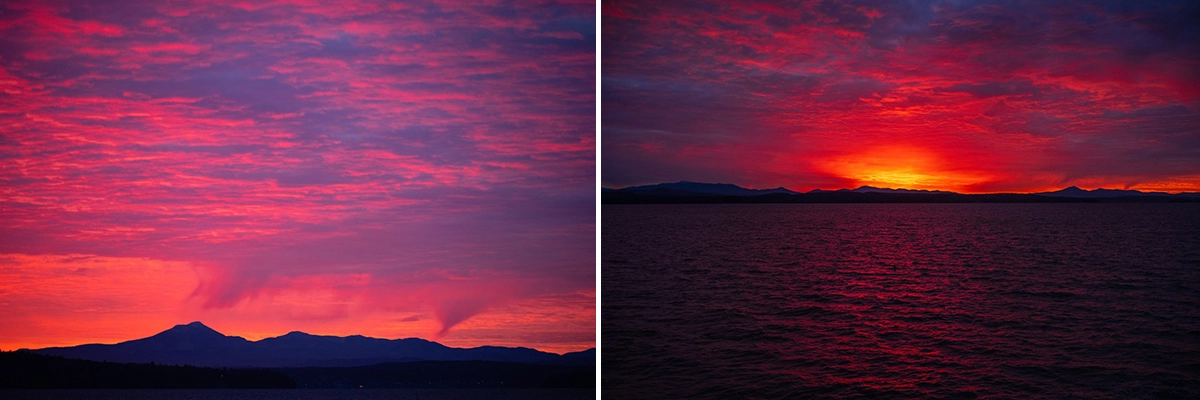 Comparación de la misma escena de la puesta de sol captada con diferentes distancias focales: a la izquierda, un teleobjetivo comprime la vista, resaltando la silueta de la montaña y las vibrantes nubes rojas, mientras que a la derecha, un gran angular ofrece una perspectiva amplia, mostrando el espectacular resplandor sobre las aguas abiertas.