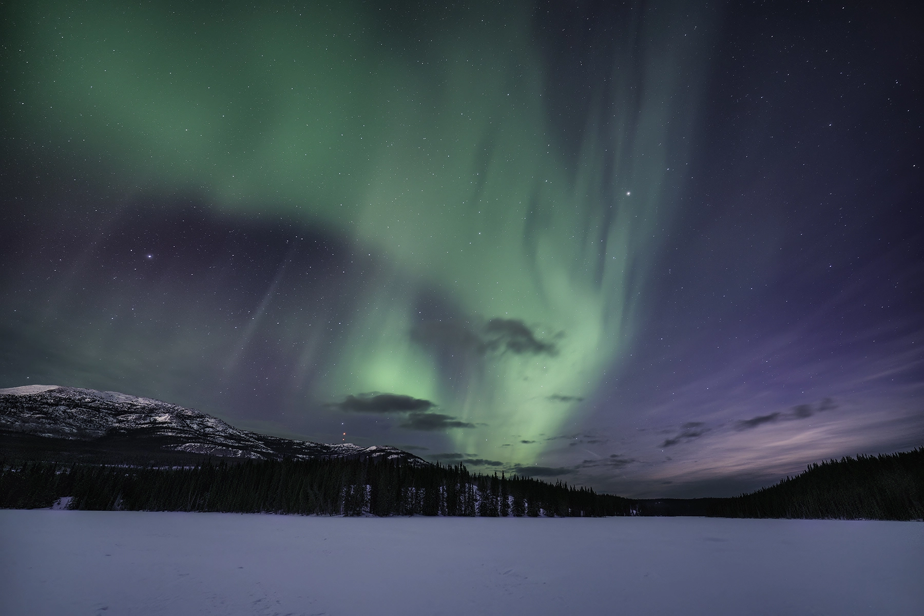 Foto de paisagem de ângulo amplo da aurora boreal sobre uma floresta nevada e uma cadeia de montanhas, mostrando um ângulo de visão amplo e uma profundidade dramática.
