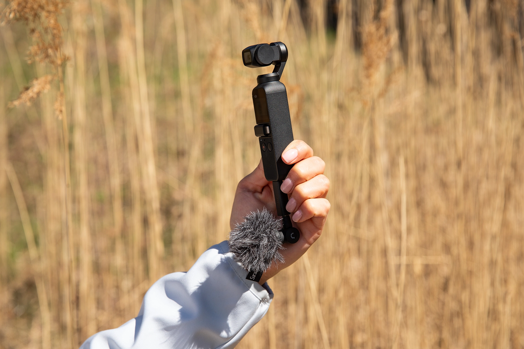 Uso de un micrófono externo con una cámara de mano compacta y un paravientos para grabar audio nítido en exteriores en un entorno natural.