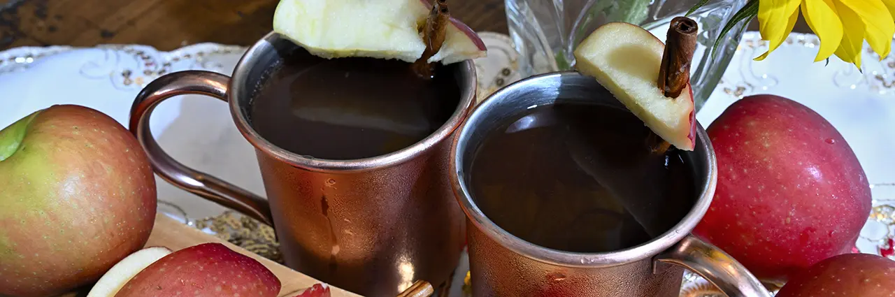 Dos tazas de cobre de sidra de manzana adornadas con rodajas de manzana y palitos de canela en una mesa rústica, con estilo para fotografía de comida y bebida de otoño.