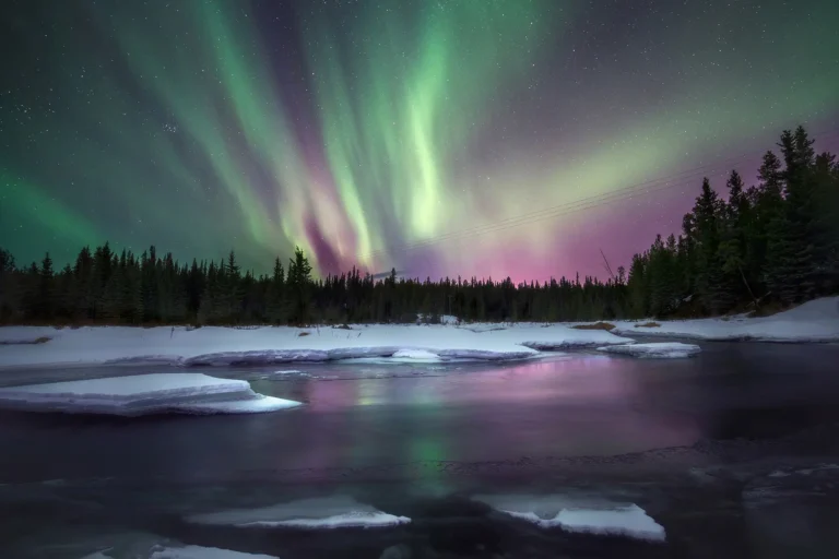 Vivid green and violet aurora borealis illuminate the night sky over a frozen river in a snow-covered forest, with reflections shimmering on the icy water and pine trees silhouetted against the glowing sky.
