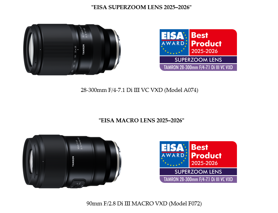 Tamron awarded two prestigious EISA awards for the 28-300 and 90mm lenses.