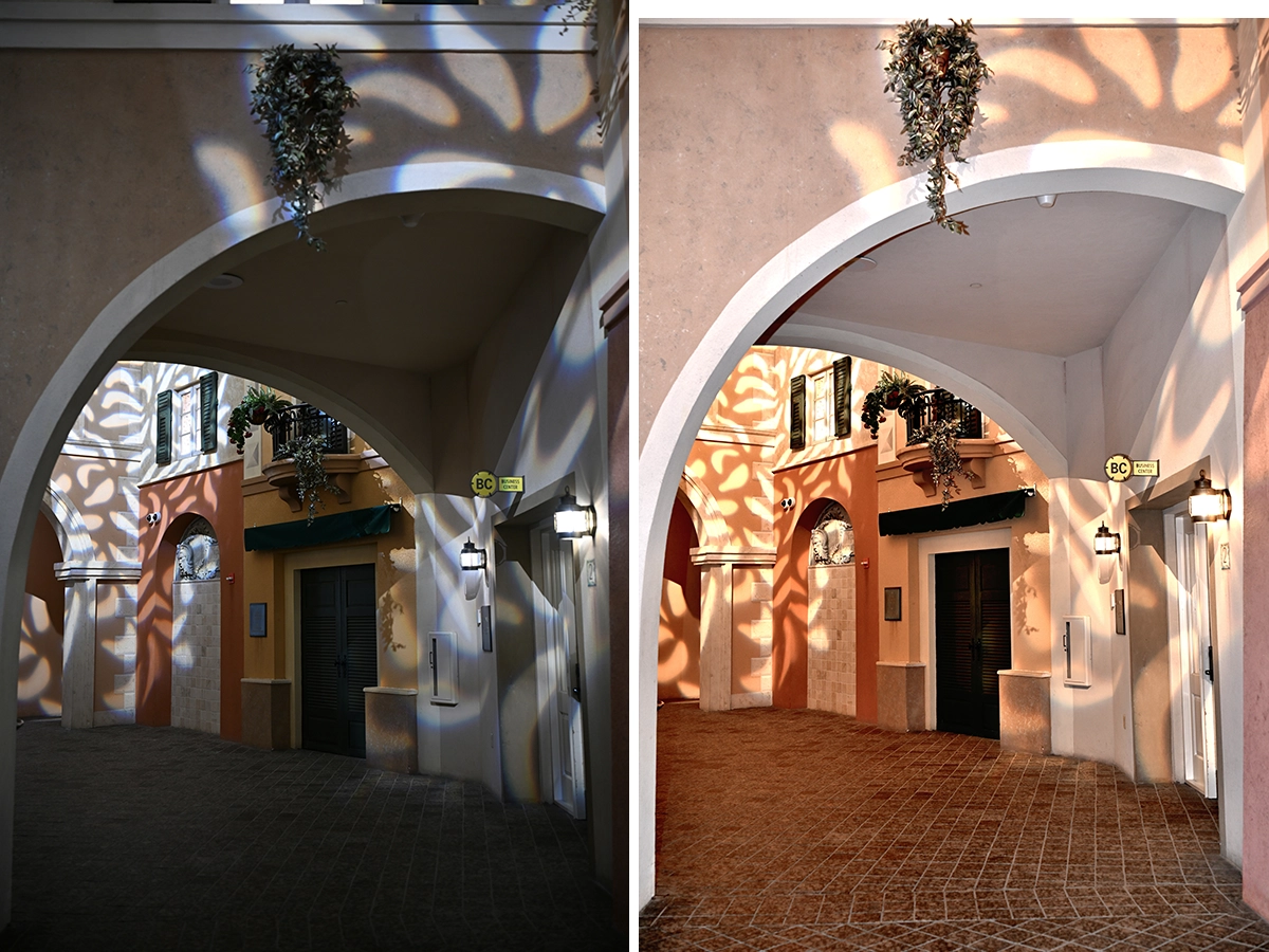 Comparaison côte à côte d'une scène d'intérieur en lumière naturelle faible, montrant comment l'utilisation d'un flash externe éclaircit les ombres et améliore les détails.
