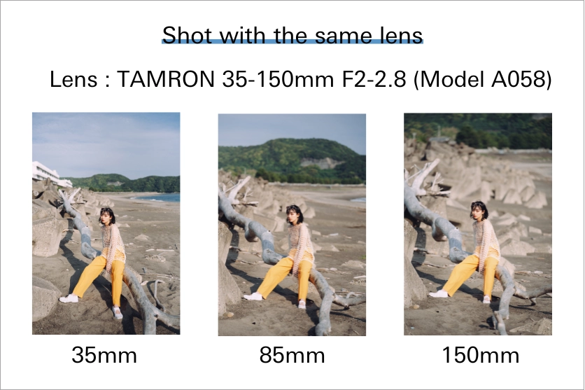 Comparación de la perspectiva con distancias focales de 35 mm, 85 mm y 150 mm utilizando el objetivo TAMRON 35-150 mm F2-2,8 durante la grabación de vídeo con una cámara sin espejo.