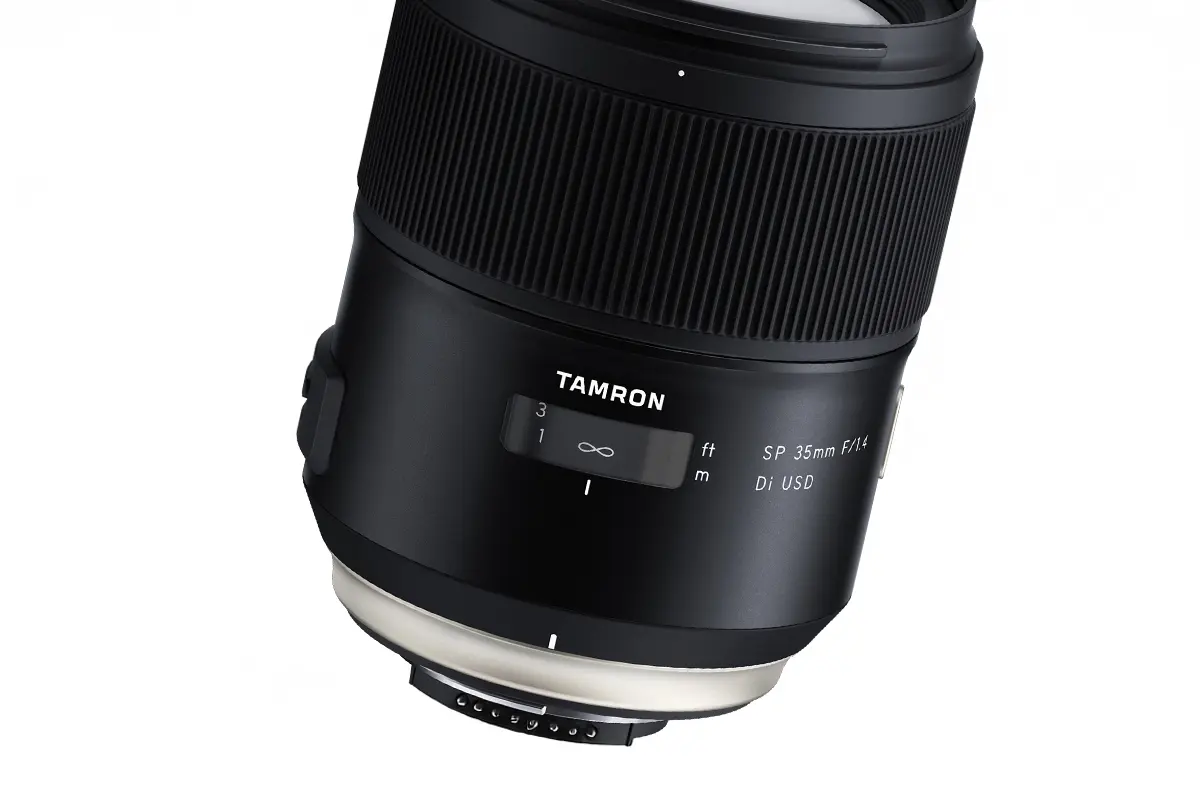 Tamron SP 35mm F/1.4 Di USD lens product photo showcasing Takam lens design focus on human touch.