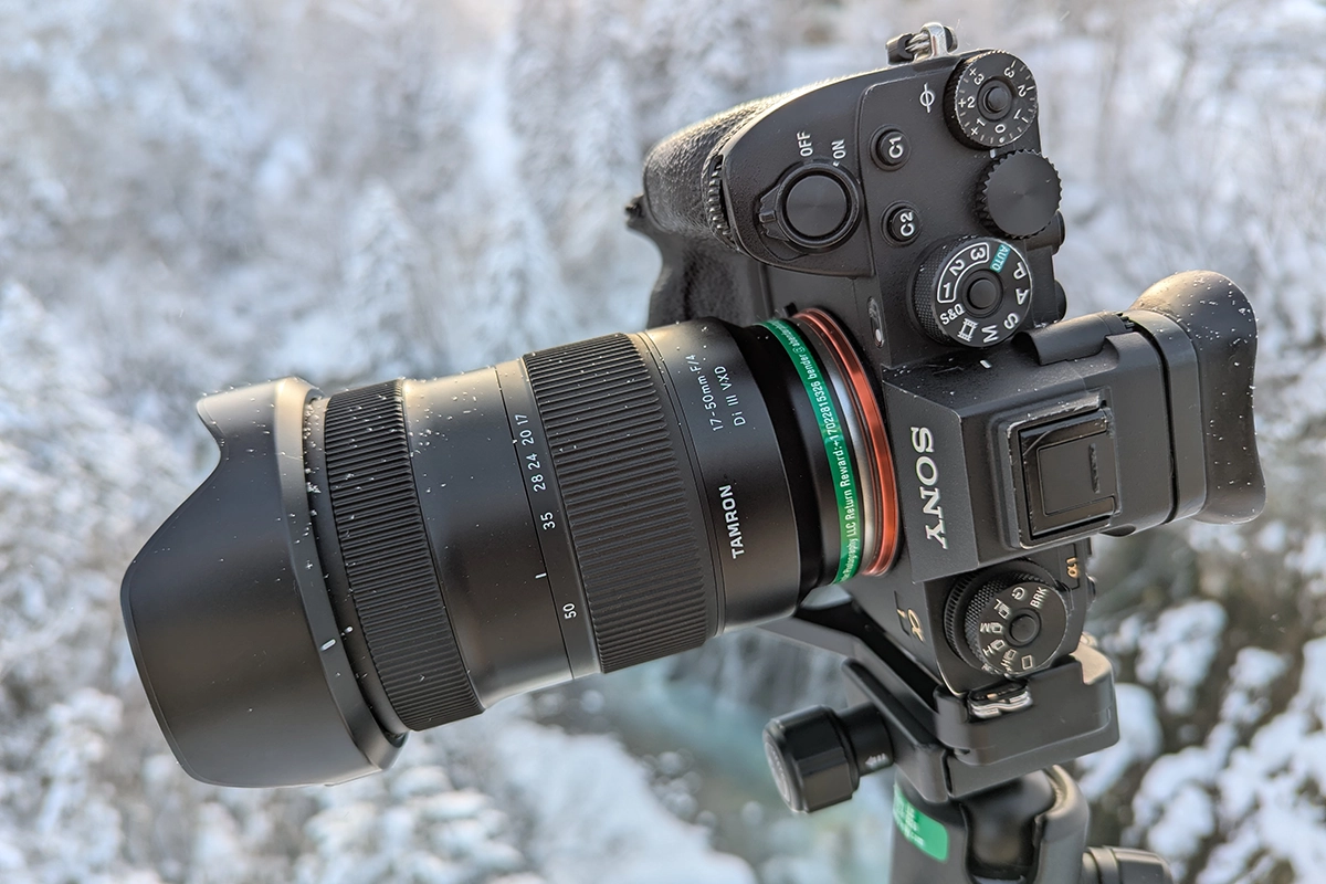 Sony camera with Tamron 17-50mm F4 lens set up for minimalist winter landscape photography.