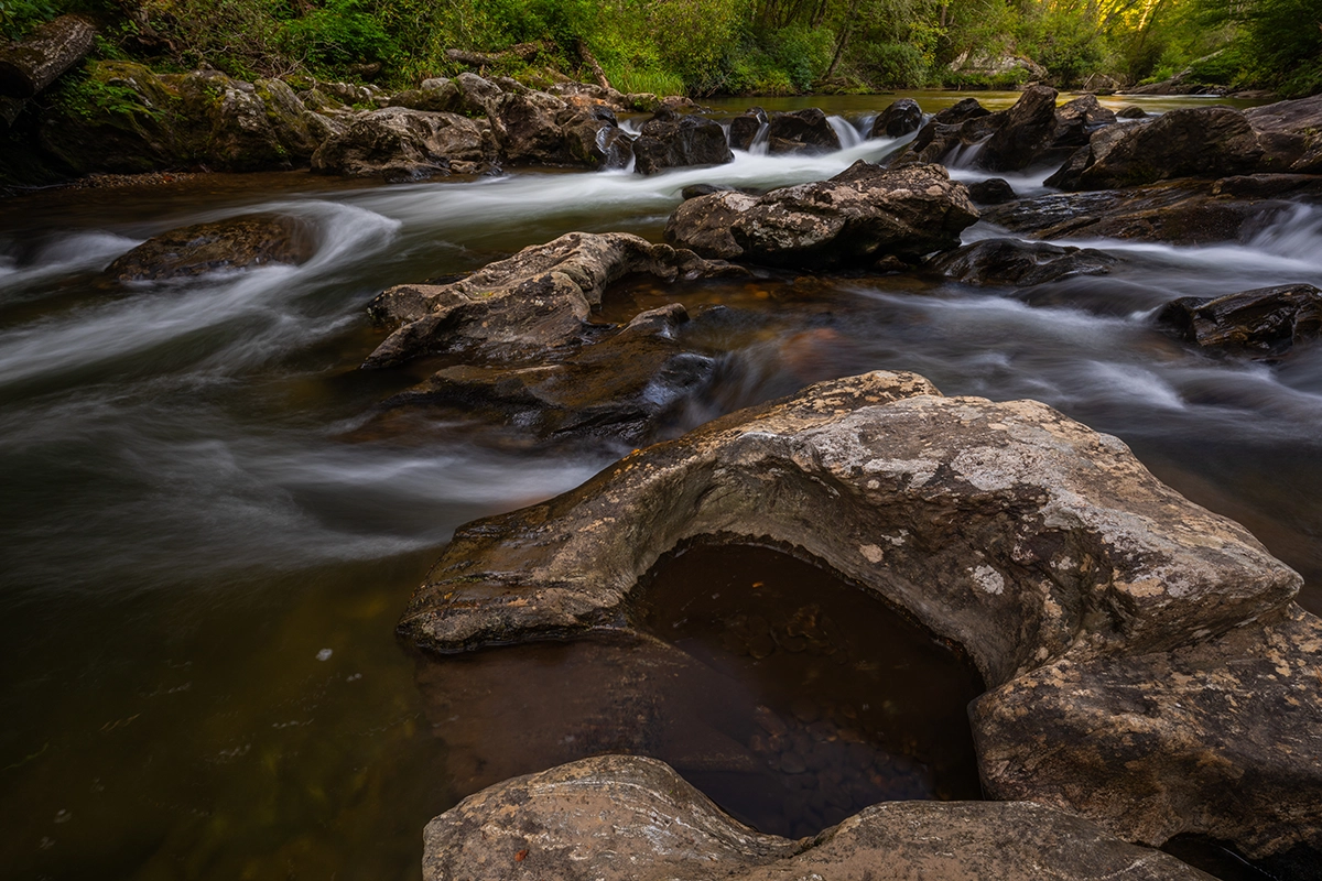 Flowing river captured in long exposure over smooth rocks surrounded by lush greenery, demonstrating motion and composition techniques