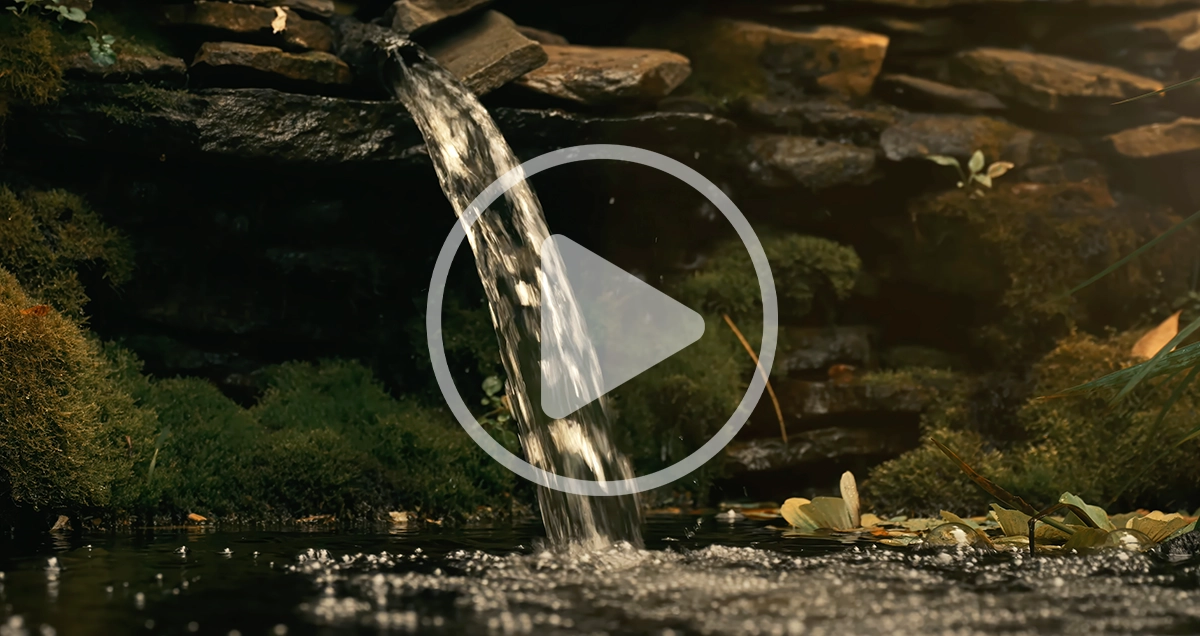 Small waterfall flowing over rocks into a mossy pond, illustrating motion, texture, and natural light techniques.