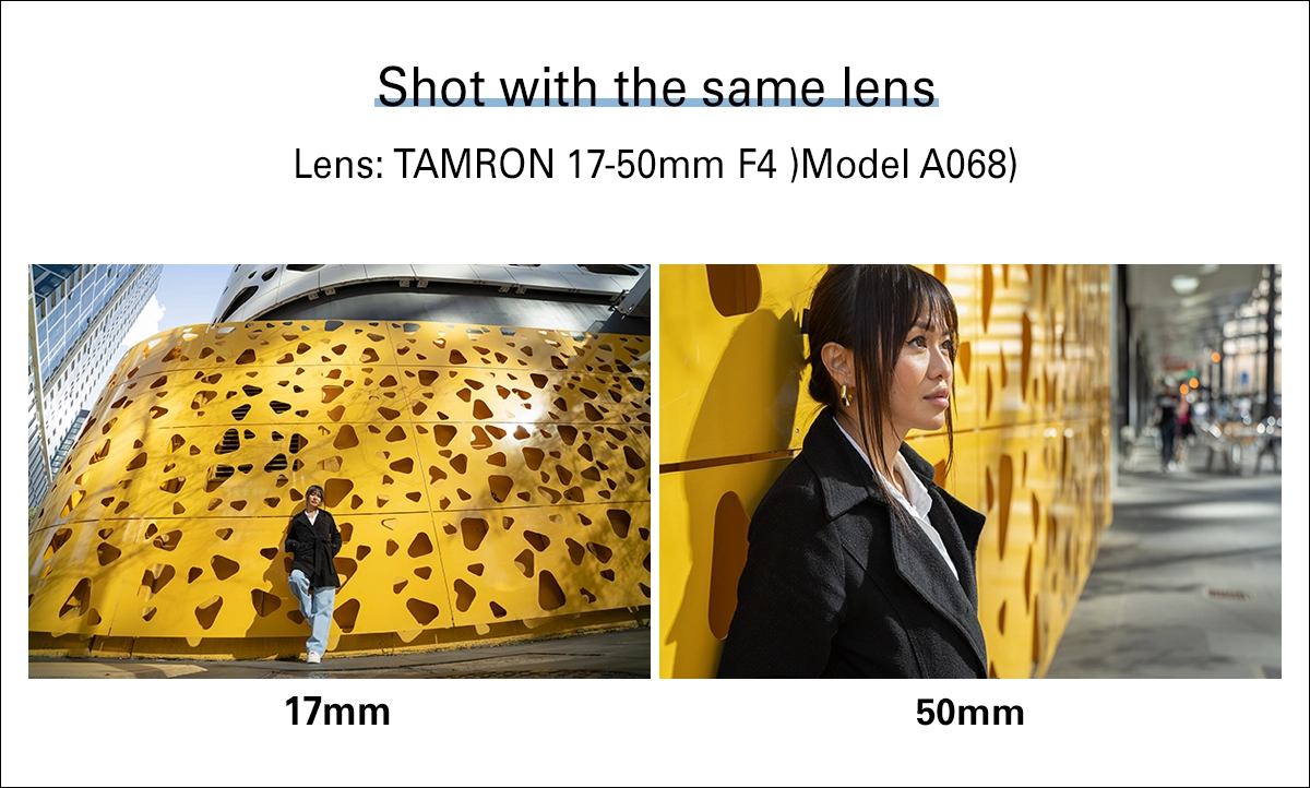 Comparaison de photos au grand angle de 17 mm et au téléobjectif de 50 mm prises avec le même objectif, montrant les différences de perspective et de composition.