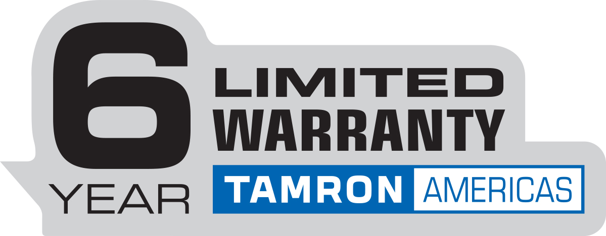 Logo de la garantie limitée de 6 ans de Tamron Americas, soulignant la protection à long terme offerte lors de l'achat d'un nouvel objectif Tamron.
