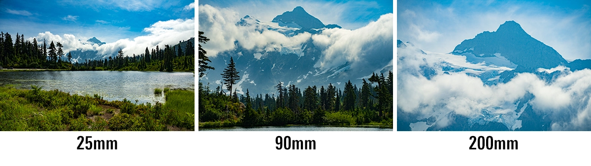 Three landscape photos comparing 25mm, 90mm, and 200mm focal lengths taken with the Tamron 25-200mm F/2.8-5.6 Di III VXD G2 lens, showing its full 8x zoom range from wide-angle to telephoto.