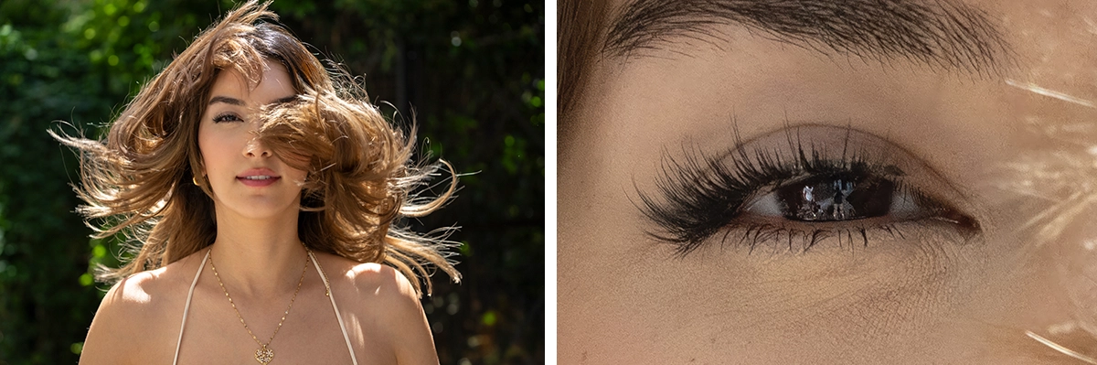Side-by-side portraits showing a woman with flowing hair and a close-up of her eye, captured with the Tamron 25-200mm F/2.8-5.6 Di III VXD G2 lens to demonstrate fast autofocus and exceptional sharpness.
