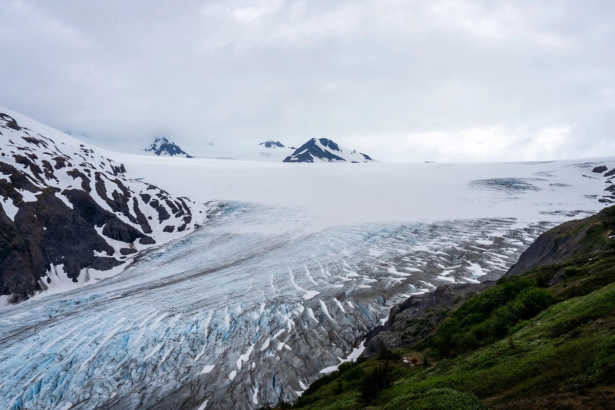 Wide-angle view of Exit Glacier in Alaska captured with the Tamron 28-75mm F2.8 G2 lens at a slow aperture to achieve deep depth of field, keeping the foreground greenery and distant ice peaks sharply in focus.