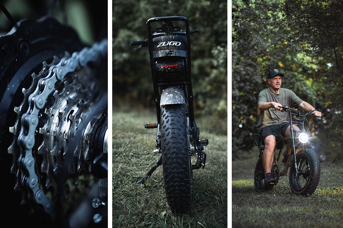 Séquence visuelle de trois photos illustrant une moto tout-terrain, montrant les détails de l'équipement, la vue arrière et le pilote en extérieur.