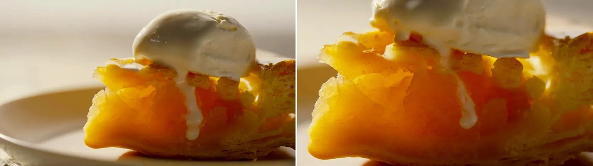Close-up of an apple pie slice topped with melting ice cream on a plate.