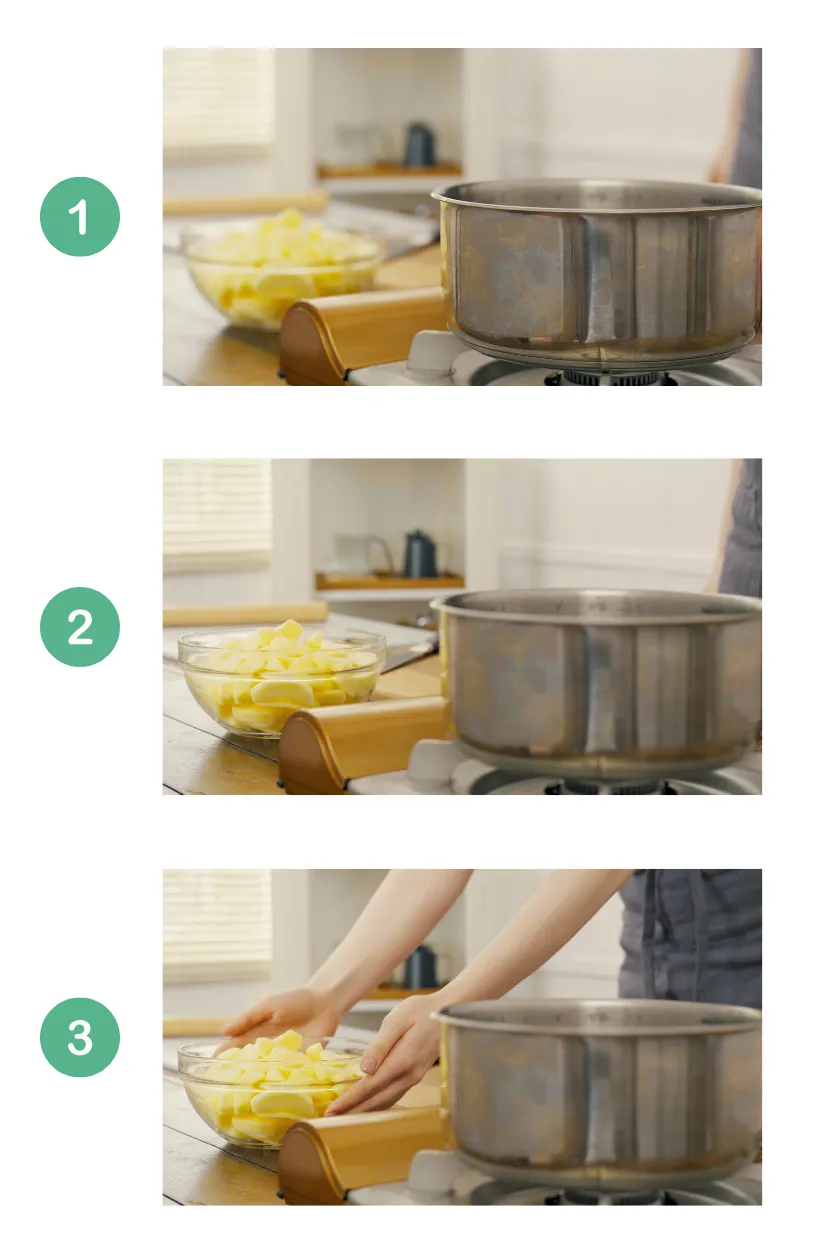 Three-shot sequence showing focus shifting from a pot to a bowl of sliced apples as hands enter the frame to guide the viewer’s gaze.