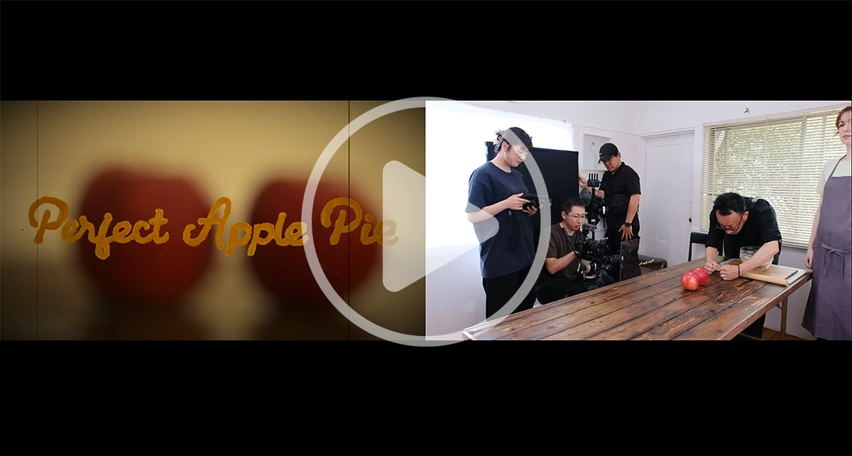 Behind-the-scenes filming of the short film “Perfect Apple Pie,” showing crew capturing a tabletop food scene using Tamron Lens Utility.
