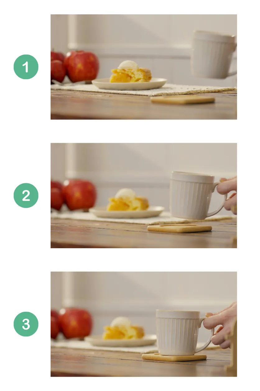 Three-shot sequence showing a coffee cup placed on a coaster with a slice of apple pie in the background to guide the viewer’s gaze.