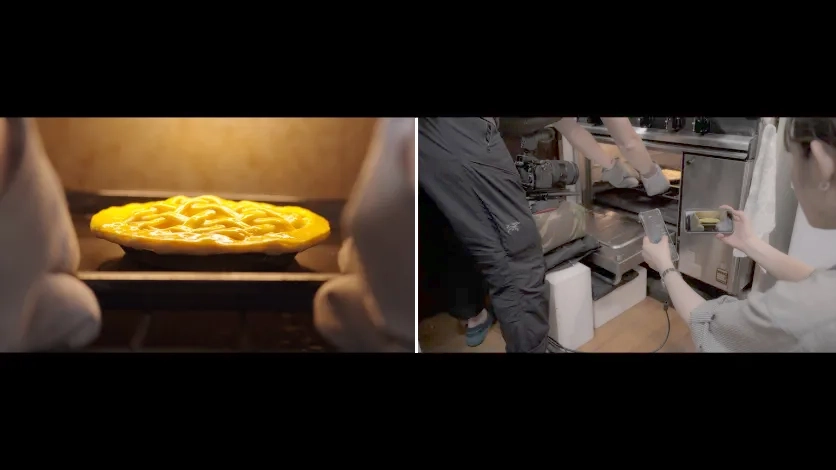 Pie baking in an oven alongside a behind-the-scenes view of a kitchen filming setup.