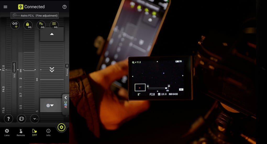 Tela de ajuste fino do TAMRON Lens Utility™ Astro Focus Lock exibida no Modo Noturno durante a captura de estrelas em uma sessão de astrofotografia.