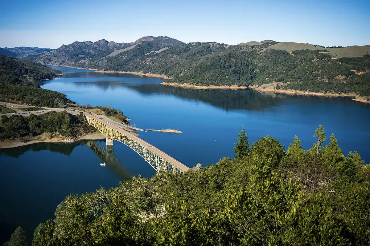 Scenic lake and bridge landscape photographed with the Tamron 35-100mm F/2.8 Di III VXD lens during a Northern California vacation.