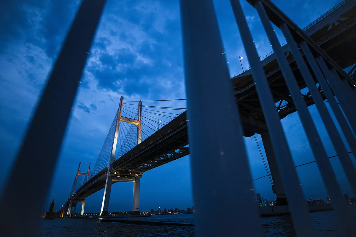 Puente iluminado durante la hora azul, fotografiado en un paisaje urbano con poca luz.