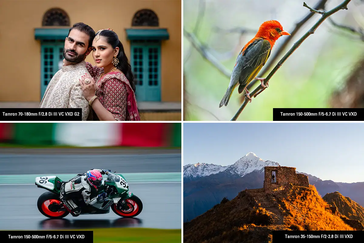 Telephoto photos showing a wedding portrait, bird close-up, motorcycle action shot, and mountain travel scene captured with Tamron lenses.