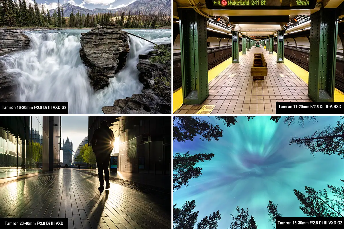 Wide-angle photos showing a waterfall landscape, subway platform, city street scene, and aurora sky captured with Tamron lenses.