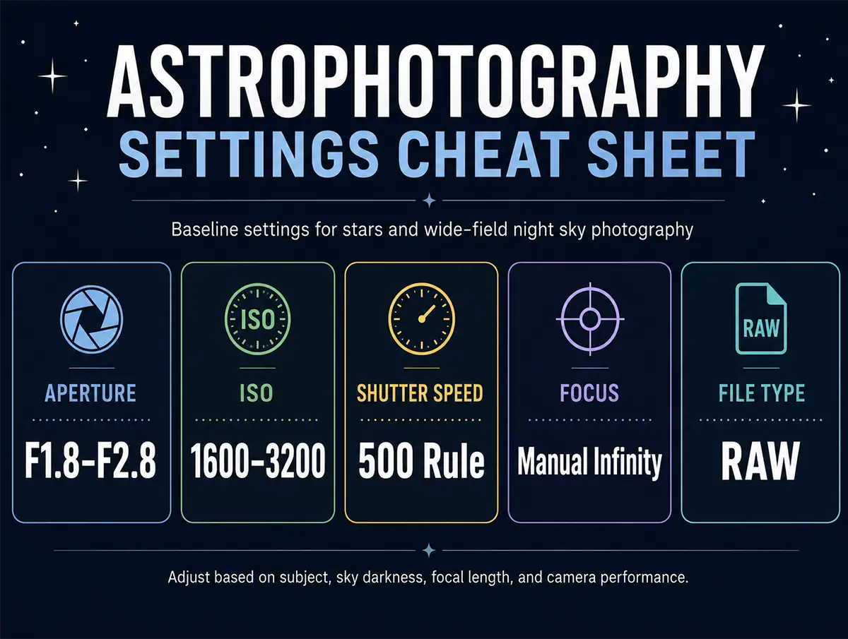Astrophotography camera settings cheat sheet for aperture, ISO, shutter speed, focus, and RAW.
