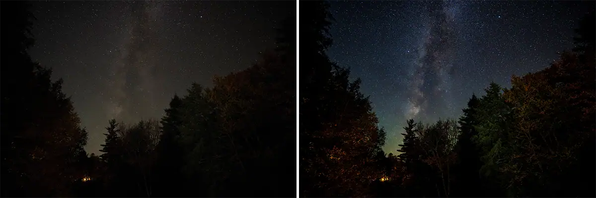 Before and after astrophotography editing comparison in Lightroom.