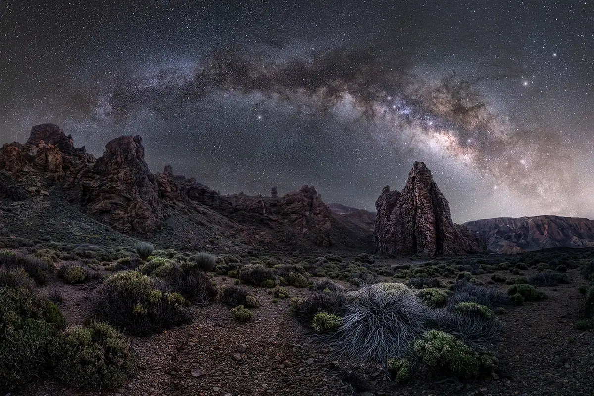 The Milky Way arches over rocky formations and desert shrubs in a nighttime landscape.