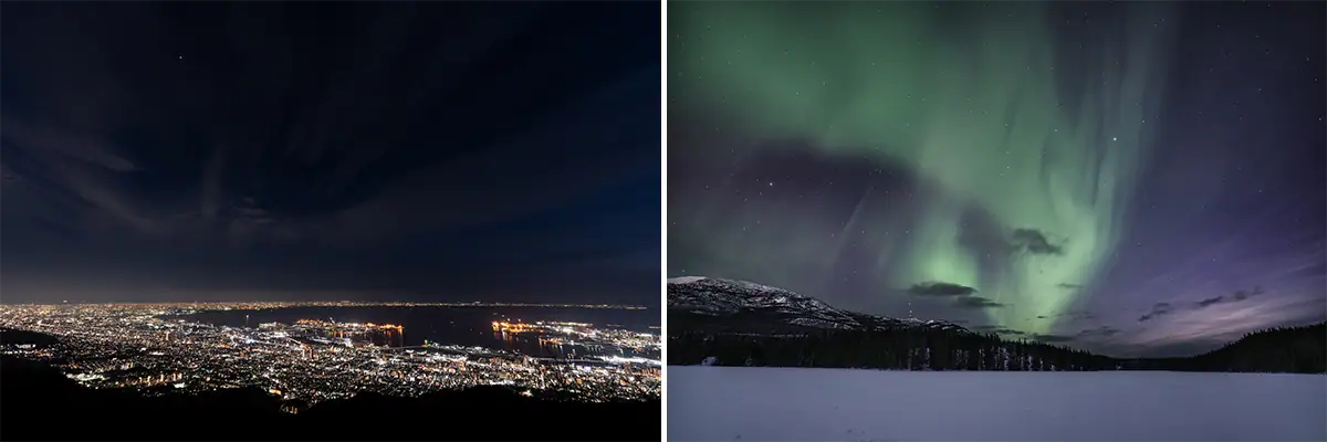 Comparison of city light pollution and dark sky conditions for astrophotography.