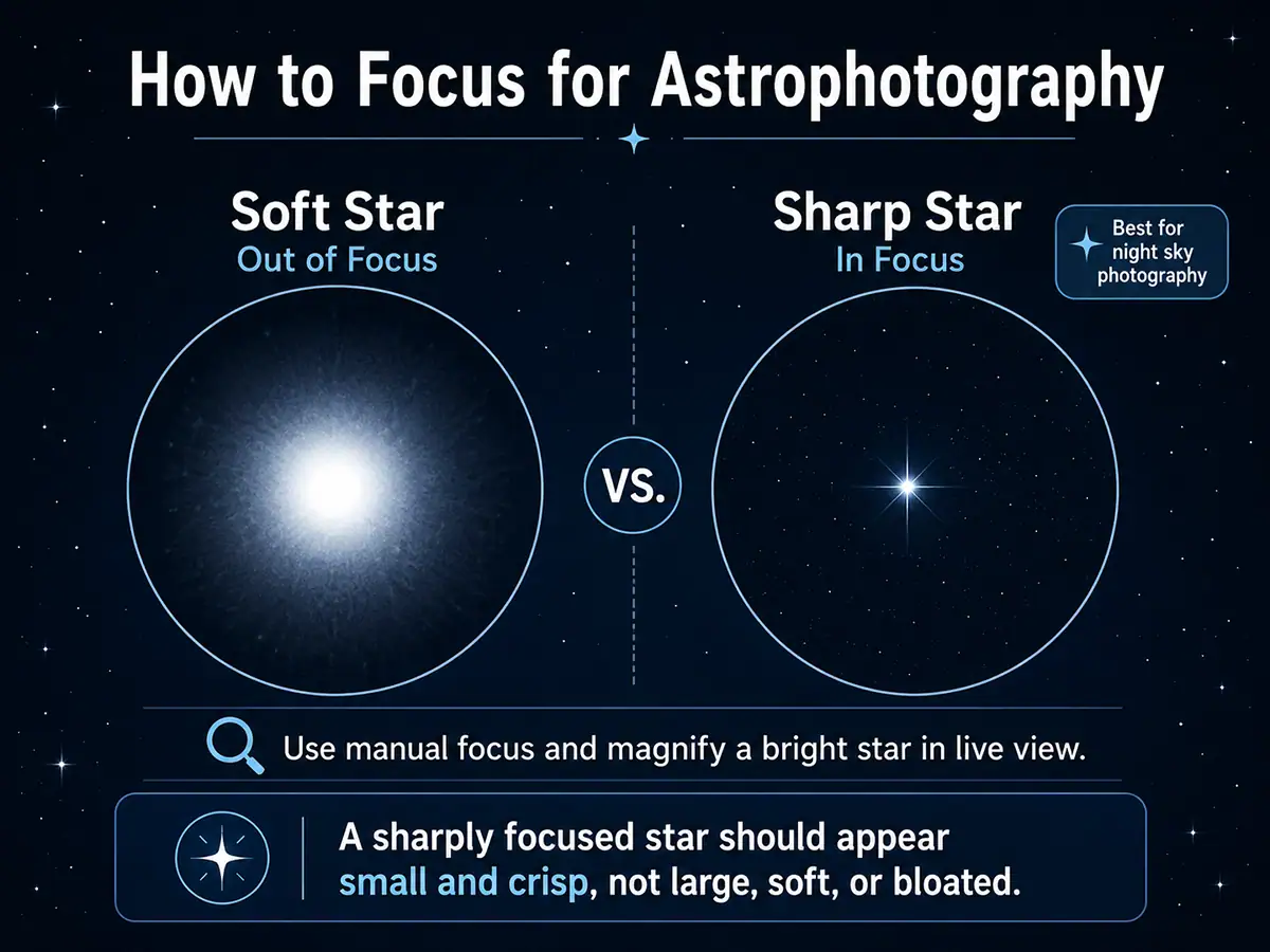 Soft versus sharp star comparison for manual astrophotography focus.