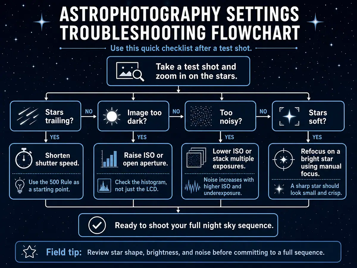 Astrophotography settings troubleshooting flowchart for shutter speed, ISO, aperture, and focus.