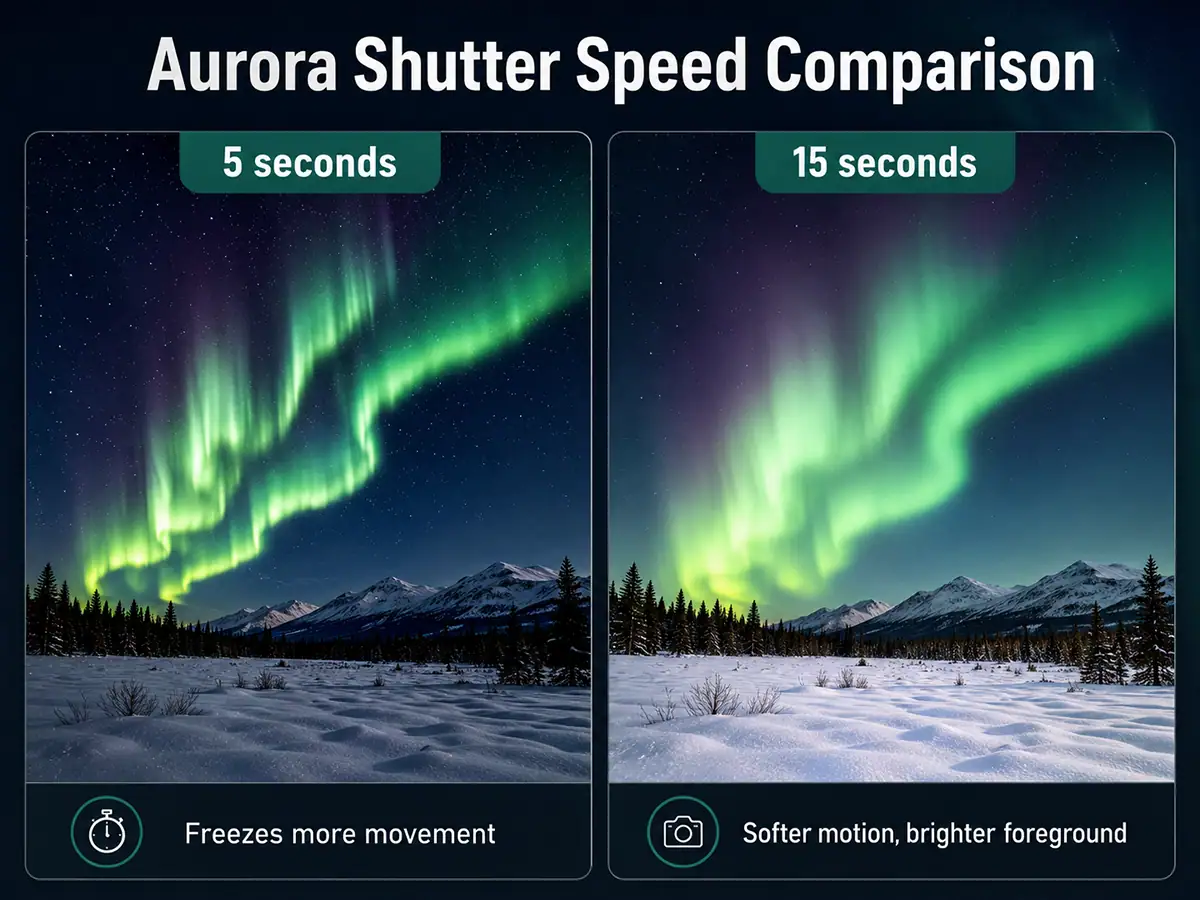 Aurora photography shutter speed comparison for freezing northern lights movement.